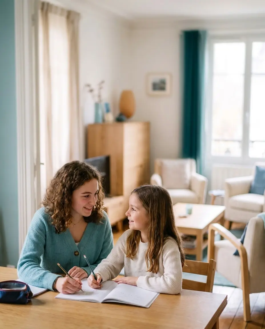 Une intervenante Tutoria fait travailler une élève à domicile, complices et souriantes