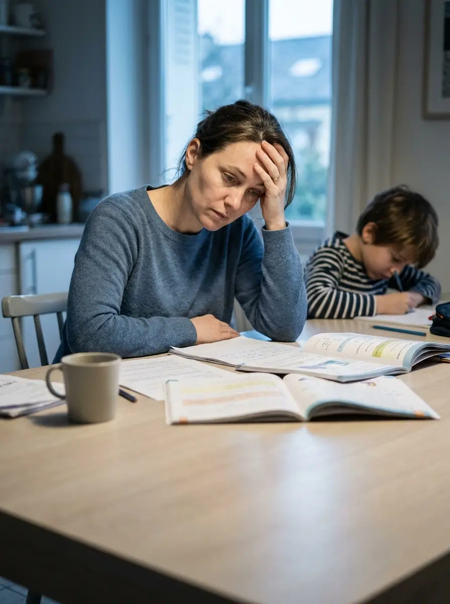 Un parent débordé, tard le soir, devant les devoirs